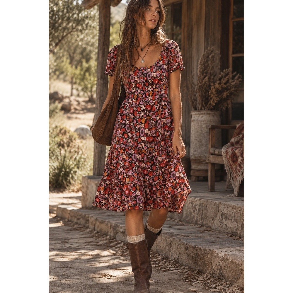 Natural Life Boho Floral Smocked Midi Dress Short Sleeve Rayon Multi Color